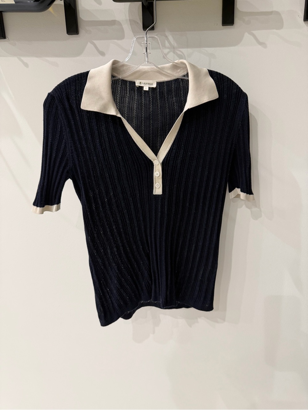 Contrast-Collar Ribbed Polo Top - Navy/White